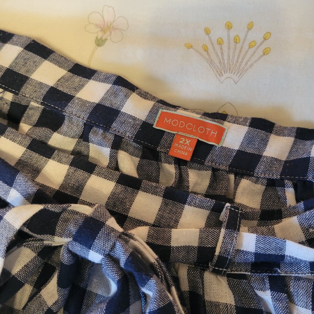 ModCloth Blue White Gingham Skirt 2X A-Line Belt Tie Pockets - Picture 4 of 11